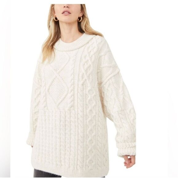 Free People Leslie Cable Knit Oversize Sweater Size XS Ivory - Picture 1 of 16